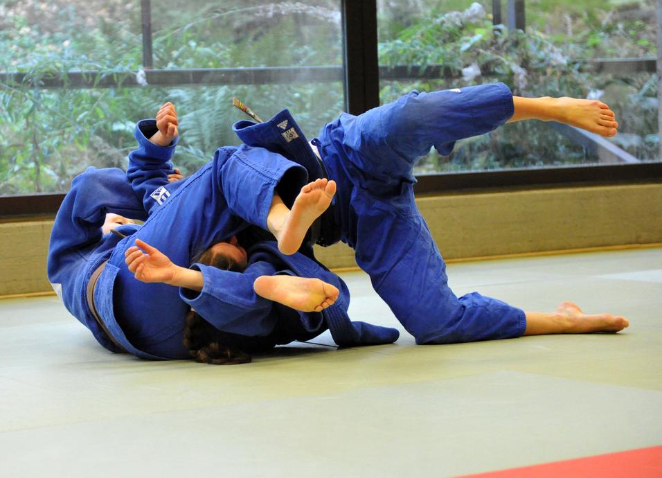 Zwei Judoka in blauer Judokleidung üben einen Bodenkampf auf einer tatami in einem lichtdurchfluteten Raum.